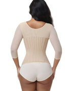 V Neck 3/4 Mesh Sleeve Zipper Waist Trainer High Compression Shaping Top