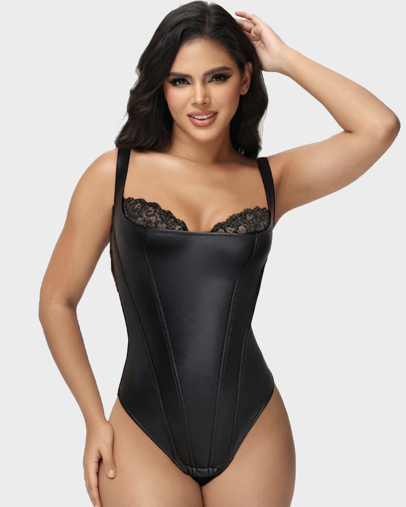 Shapshe® Leather Lace Balconette Thong Bodysuit Shapewear