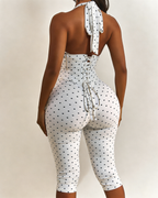 Polka Dot Halter Neck Backless Slim-Fit Stretch Capri Jumpsuit