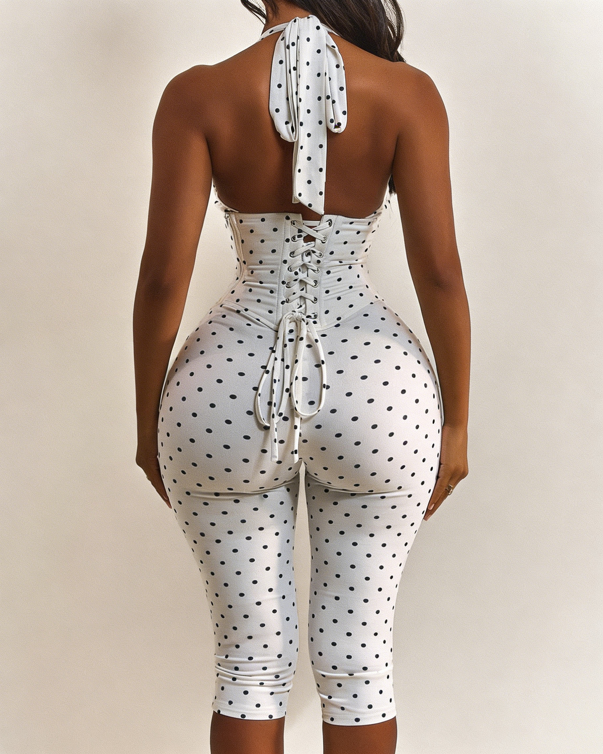Polka Dot Halter Neck Backless Slim-Fit Stretch Capri Jumpsuit