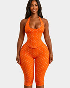 Hourglass Figure Body Shaper Waist Cincher Polka Dot Capri Jumpsuit Two-Piece Set