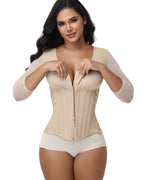 V Neck 3/4 Mesh Sleeve Zipper Waist Trainer High Compression Shaping Top