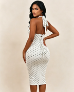 Polka Dot Hourgalss Corset Halter Midi Dress with Lace-Up Back Two-Piece Set
