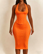 Polka Dot Hourgalss Corset Halter Midi Dress with Lace-Up Back Two-Piece Set