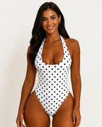 Polka dot halter neck bodycon one-piece swimsuit with straps