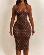 Polka Dot Hourgalss Corset Halter Midi Dress with Lace-Up Back Two-Piece Set