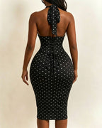Polka Dot Hourgalss Corset Halter Midi Dress with Lace-Up Back Two-Piece Set