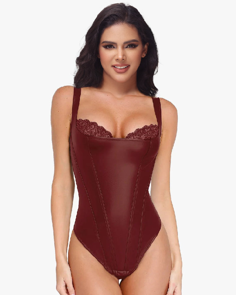 Shapshe® Leather Lace Balconette Thong Bodysuit Shapewear