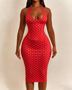 Polka Dot Hourgalss Corset Halter Midi Dress with Lace-Up Back Two-Piece Set