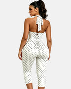 Hourglass Figure Body Shaper Waist Cincher Polka Dot Capri Jumpsuit Two-Piece Set