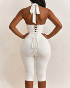 Polka Dot Halter Neck Backless Slim-Fit Stretch Capri Jumpsuit