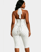 Polka Dot Halter Neck Backless Slim-Fit Stretch Capri Jumpsuit