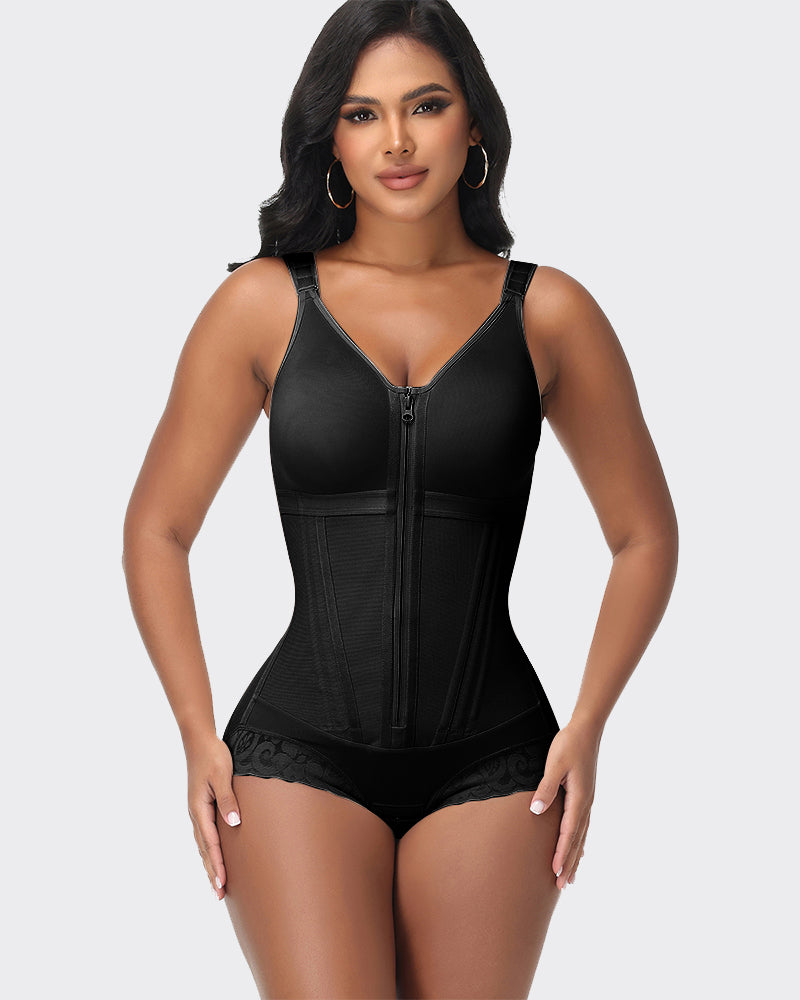 Double-Layer PowerMesh Hourglass Tummy Sculpt Zipper Bodysuit With Bra
