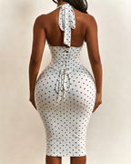Polka Dot Hourgalss Corset Halter Midi Dress with Lace-Up Back Two-Piece Set