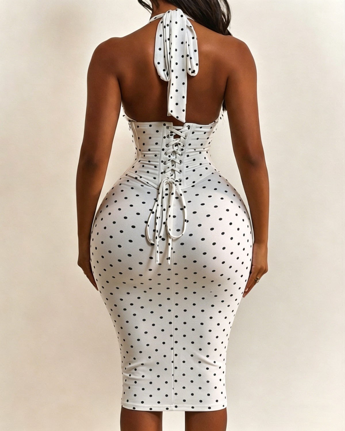 Polka Dot Hourgalss Corset Halter Midi Dress with Lace-Up Back Two-Piece Set