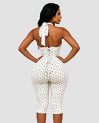 Polka Dot Halter Neck Backless Slim-Fit Stretch Capri Jumpsuit