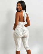 Polka Dot Halter Neck Backless Slim-Fit Stretch Capri Jumpsuit